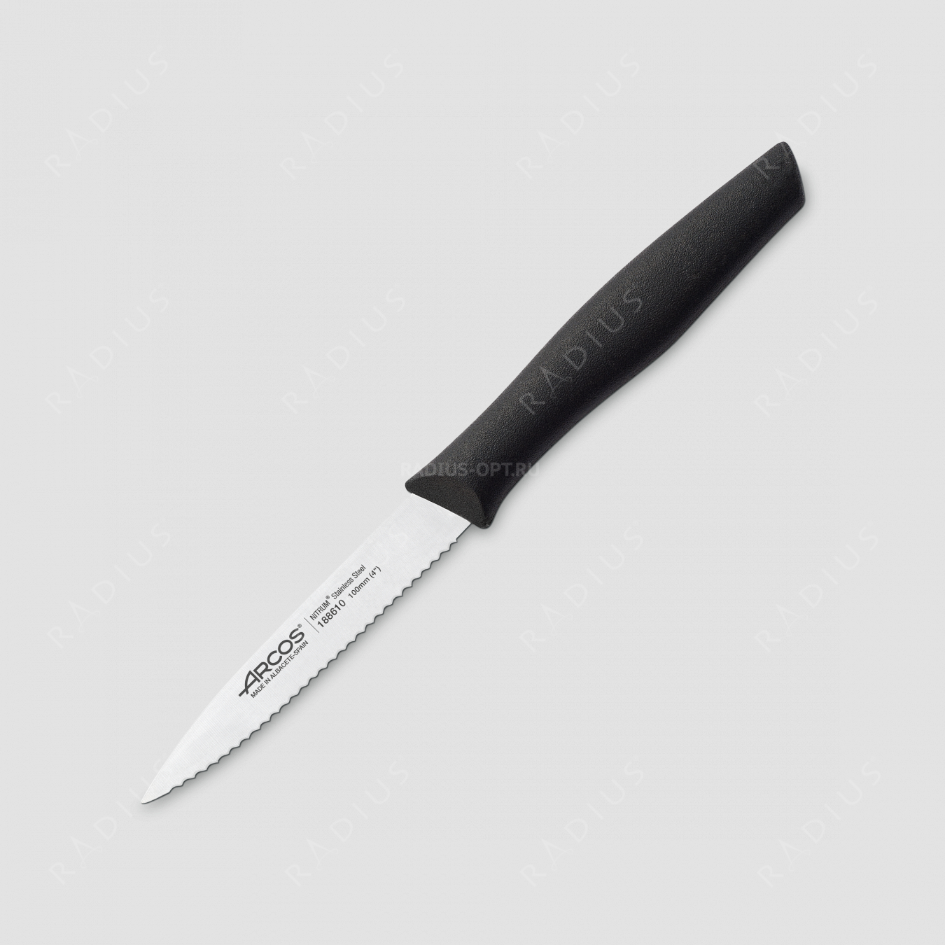 Нож кухонный для чистки и нарезки овощей с зубчатым лезвием 10 см, рукоять черная, серия Nova, ARCOS, Испания