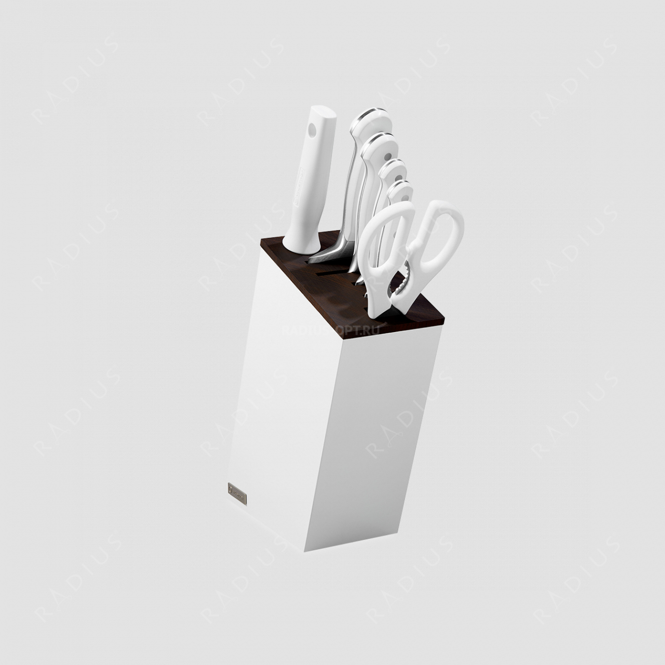 Набор из 4-х кухонных ножей в дизайнерской подставке + ножницы и мусат, серия White Classic, WUESTHOF, Золинген, Германия