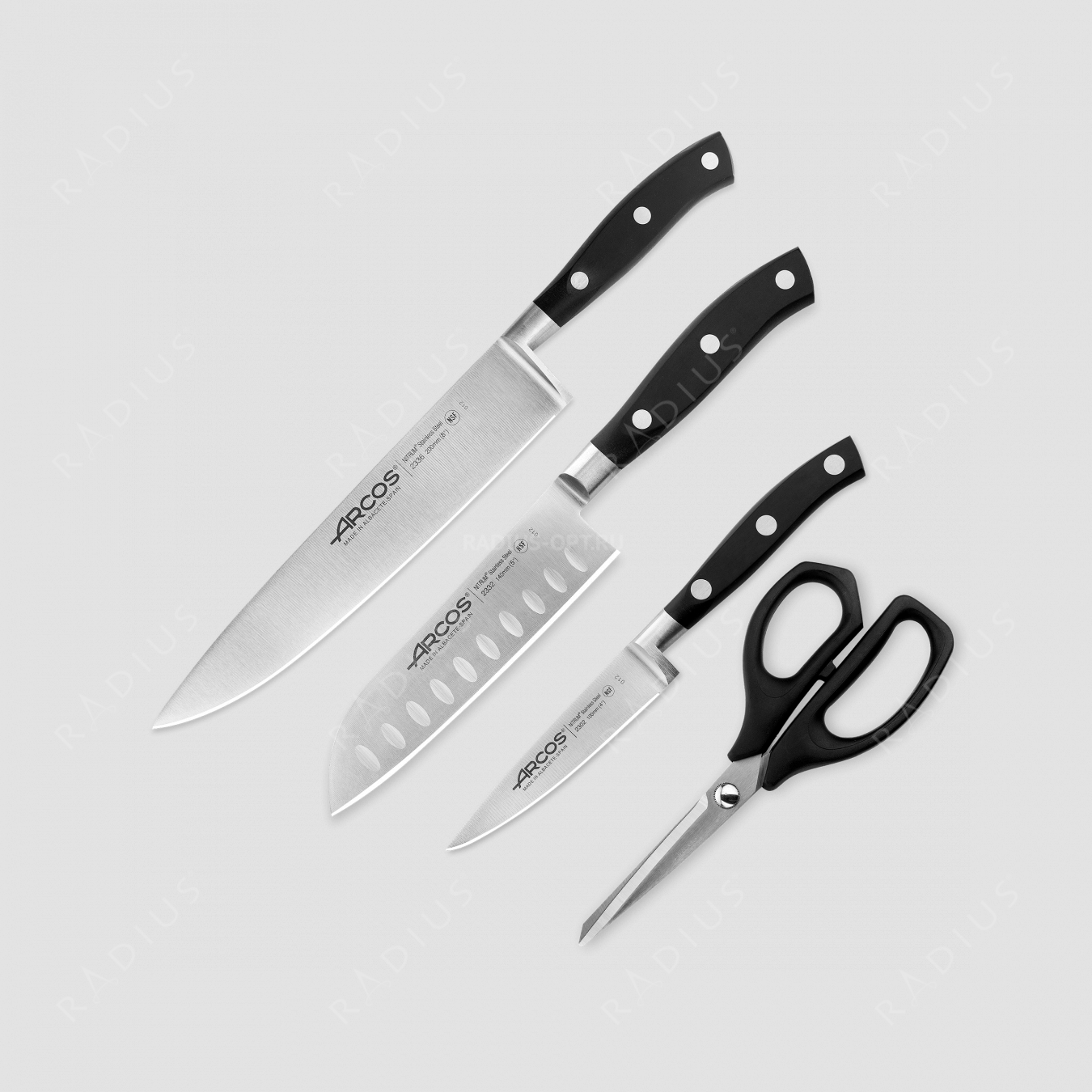 Набор кухонных ножей 3 шт (10 см, 14 см, 20 см,) ручки черные, серия Riviera, ARCOS, Испания