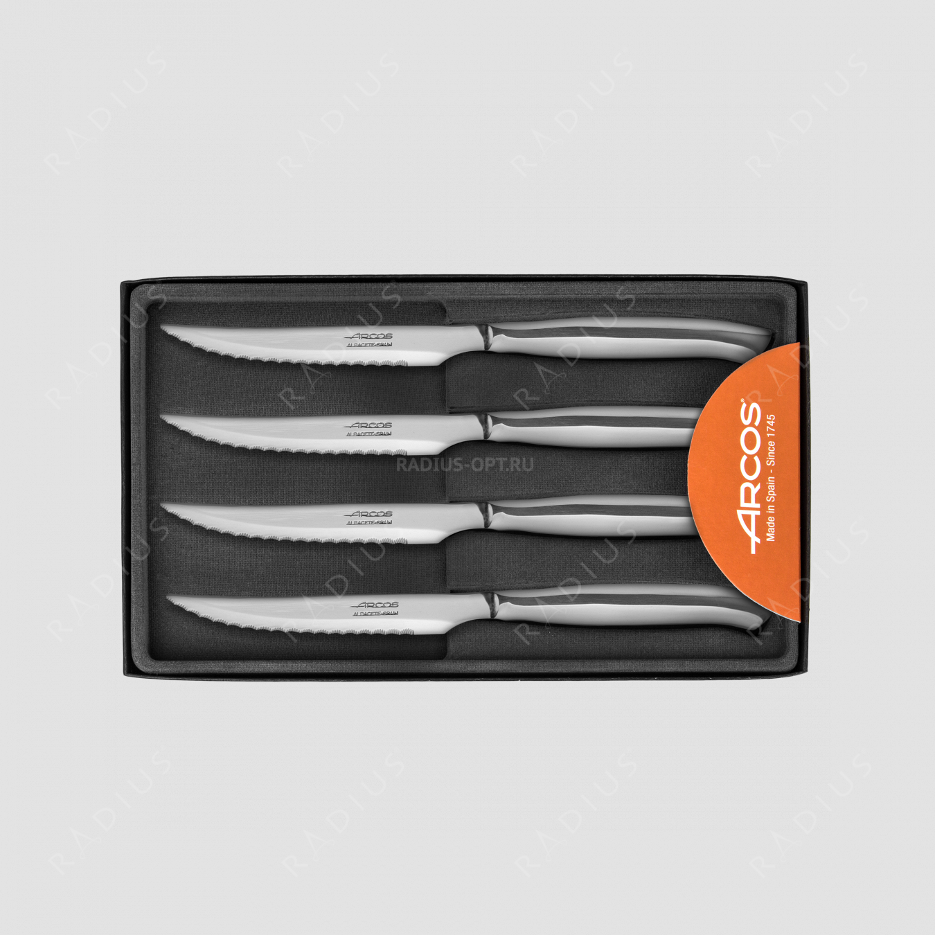 Набор столовых ножей для стейка, 4 штуки, рукоять нержавеющая сталь, серия Steak Knives, ARCOS, Испания