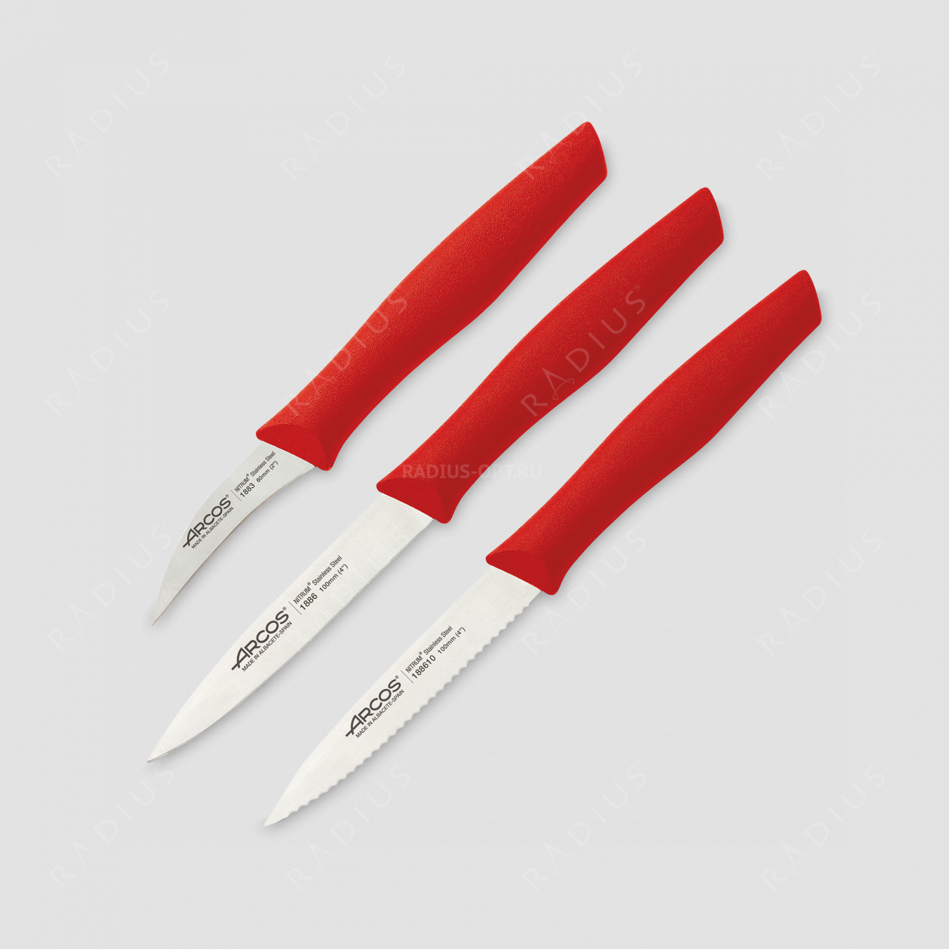 Набор из 3-х кухонных ножей для чистки и нарезки овощей, рукоять красная, серия Nova, ARCOS, Испания