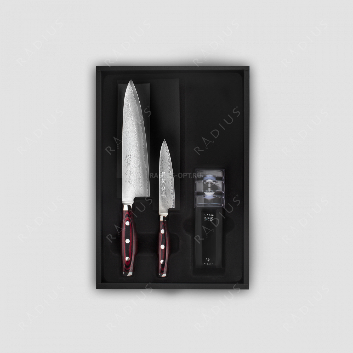 Набор из 2-х кухонных ножей с точилкой, дамасская сталь, серия GOU 161, YAXELL, Япония