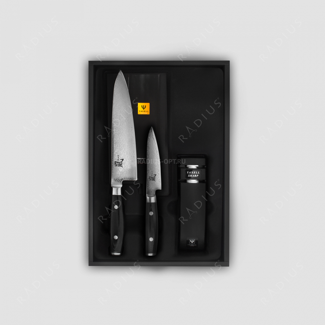 Набор из 2-х кухонных ножей с точилкой, дамасская сталь, серия Ran, YAXELL, Япония